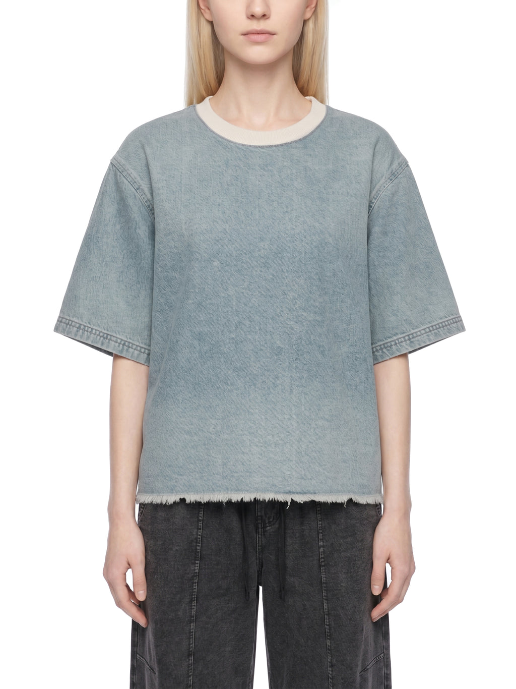 Unisex Vintage Wash Boxy Raw Hem Denim T-Shirt
