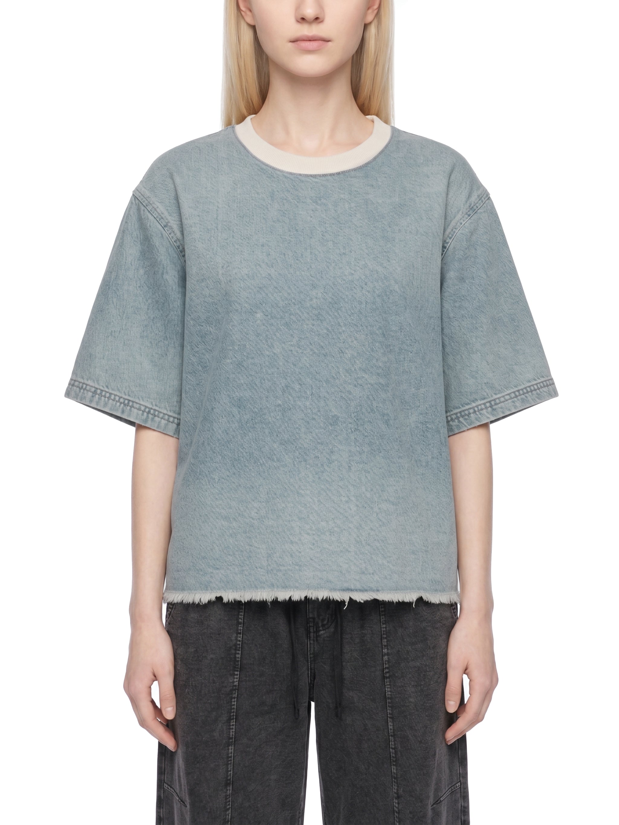 Unisex Vintage Wash Boxy Raw Hem Denim T-Shirt