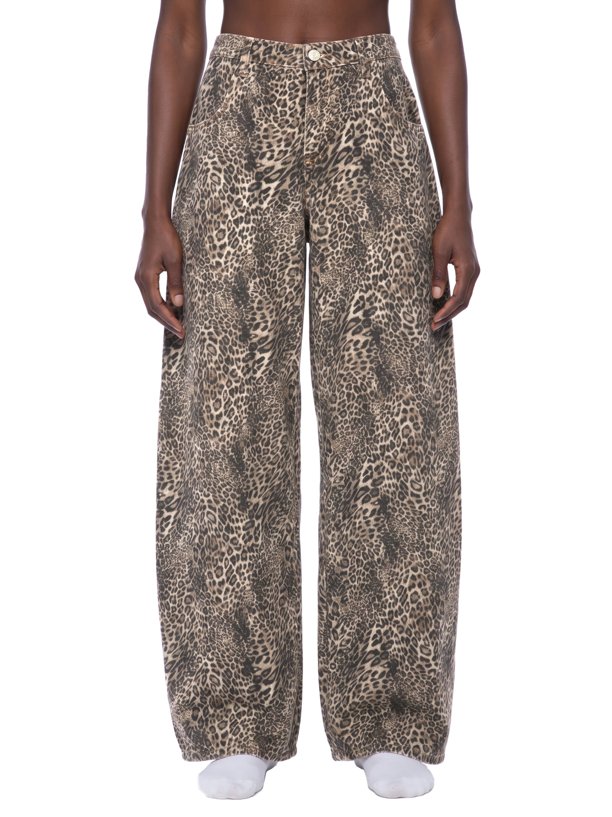 Unisex Vintage Wash Leopard Wide Leg Jeans