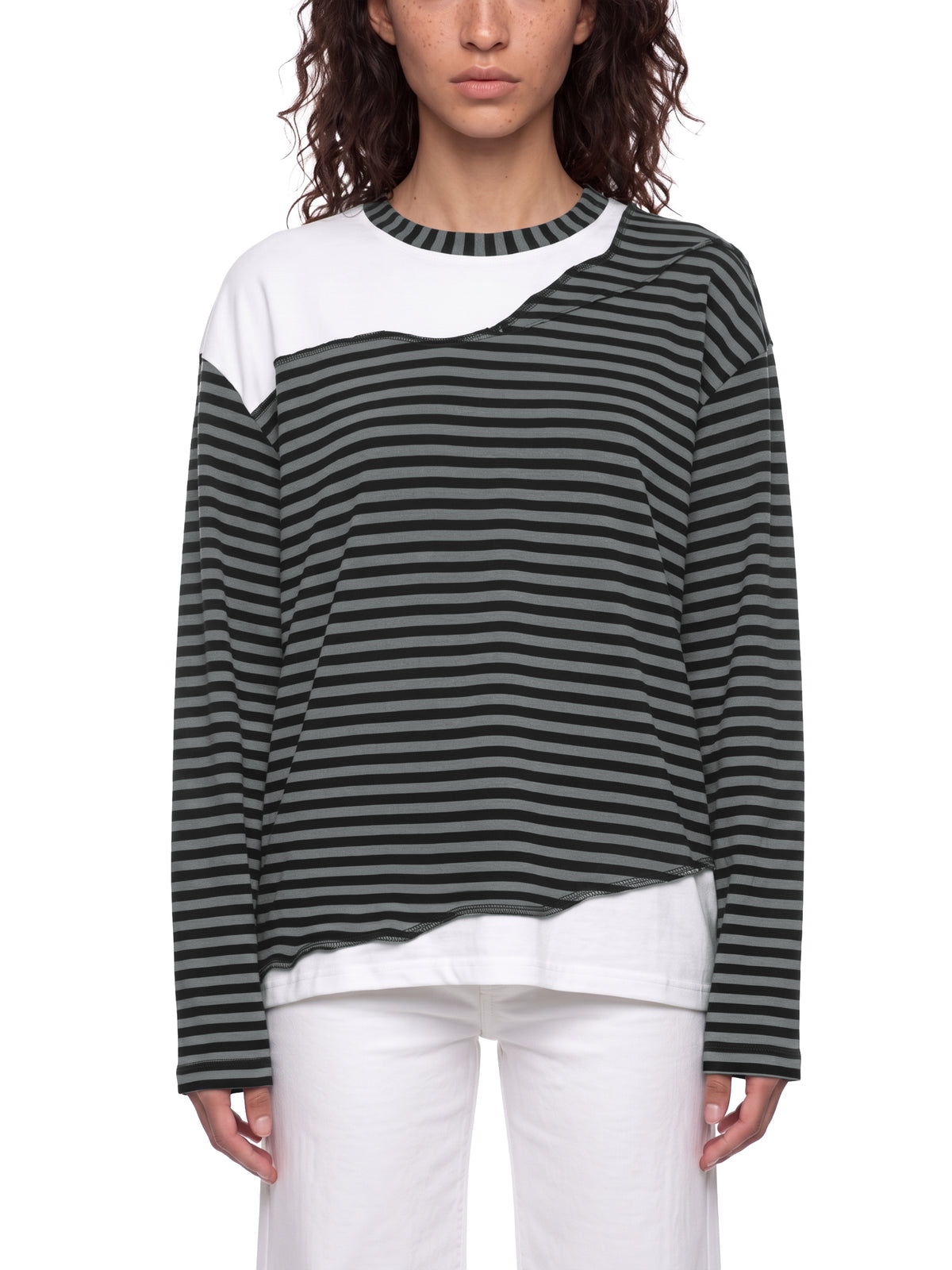 V Striped Panel Boxy Long Sleeve T-Shirt