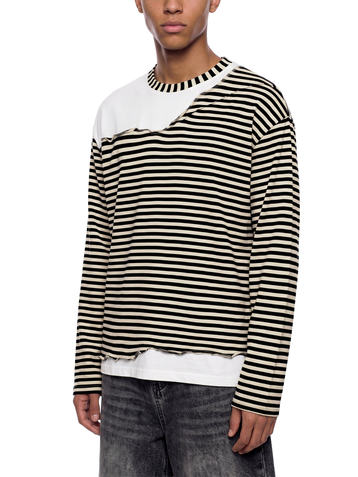 Unisex Striped Panel Boxy Long Sleeve T-Shirt