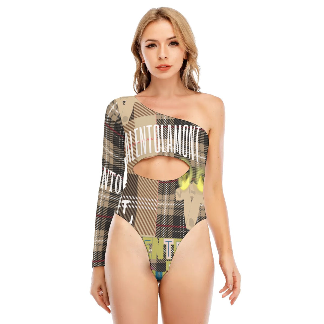 All-Over Print Women's Long-sleeved Waist-cut Bodysuit With One-sleeve