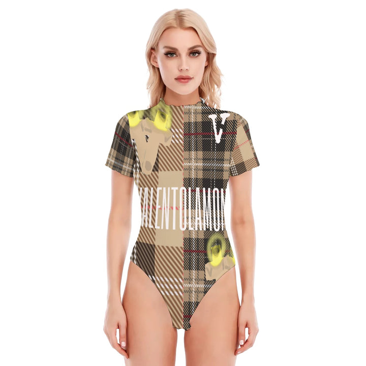 All-Over Print Women's Short Sleeve Half High Neck Bodysuit