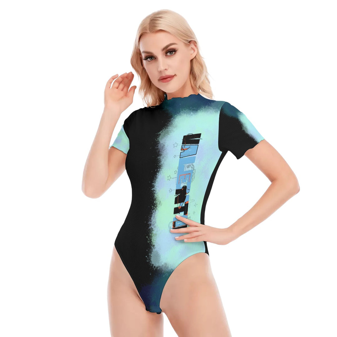 All-Over Print Women's Short Sleeve Half High Neck Bodysuit